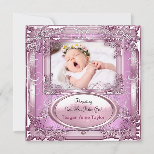 New Baby Girl Announcement Pink Silver