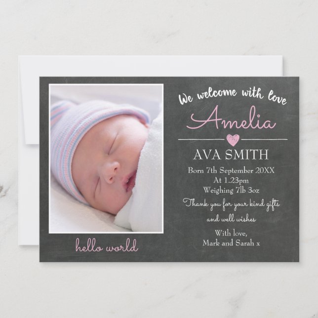 New baby girl announcement/thank you card (Front)
