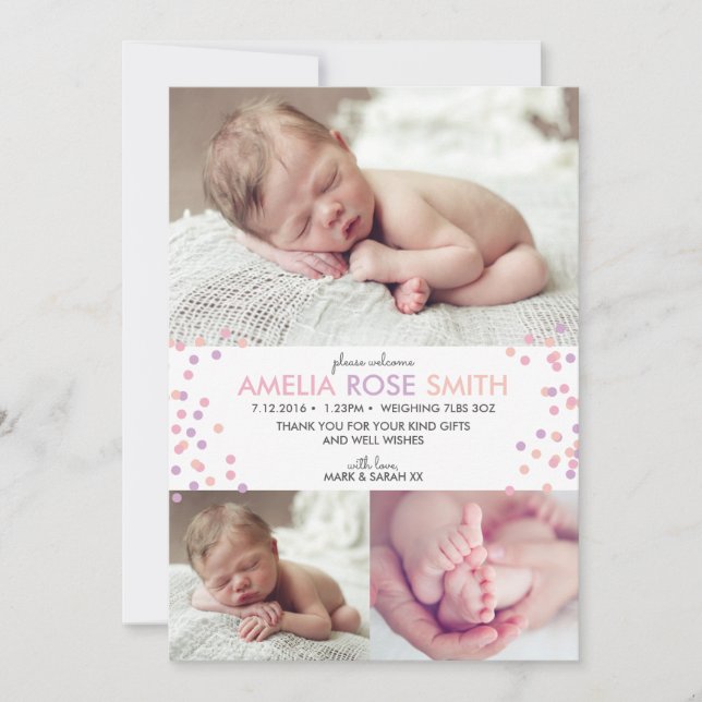New baby girl announcement/thank you card A5 (Front)