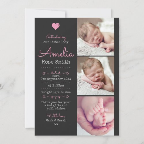 New baby girl announcementthank you card A5