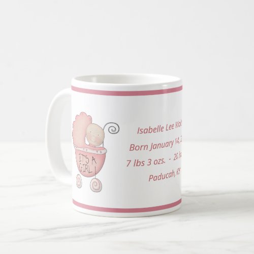 New Baby Girl Birth Information Cute Baby Carriage Coffee Mug