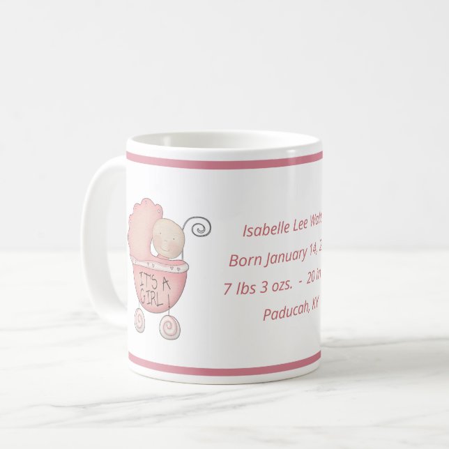 New Baby Girl Birth Information Cute Baby Carriage Coffee Mug (Front Left)