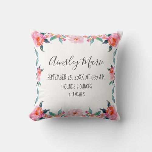 New Baby Girl Birth Stats Pink Rose Floral Border Throw Pillow