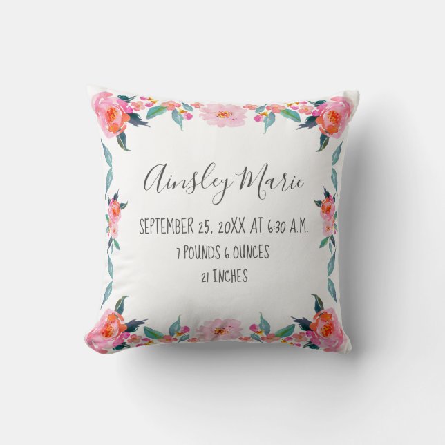 New Baby Girl Birth Stats Pink Rose Floral Border Throw Pillow (Front)