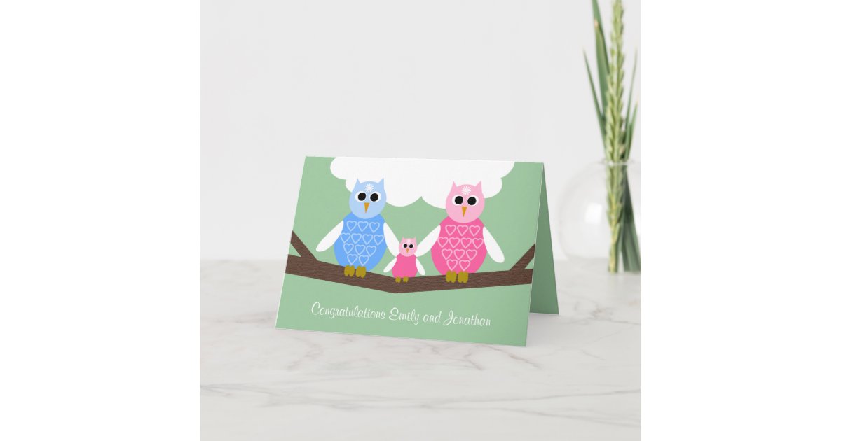New Baby Girl Congratulations Card With Owl Family