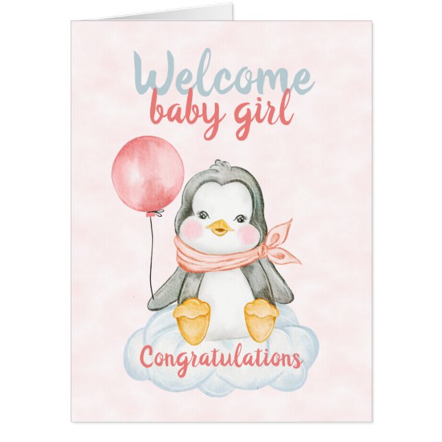  New Baby Girl Congratulations Penguin Pink Jumbo Card (Front)
