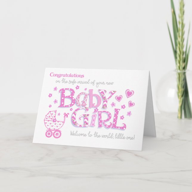 New Baby Girl Congratulations Pink Hearts Card (Front)