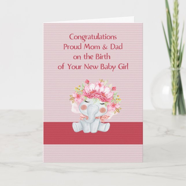 New Baby Girl Congratulations with Cute Elephant Card (Front)