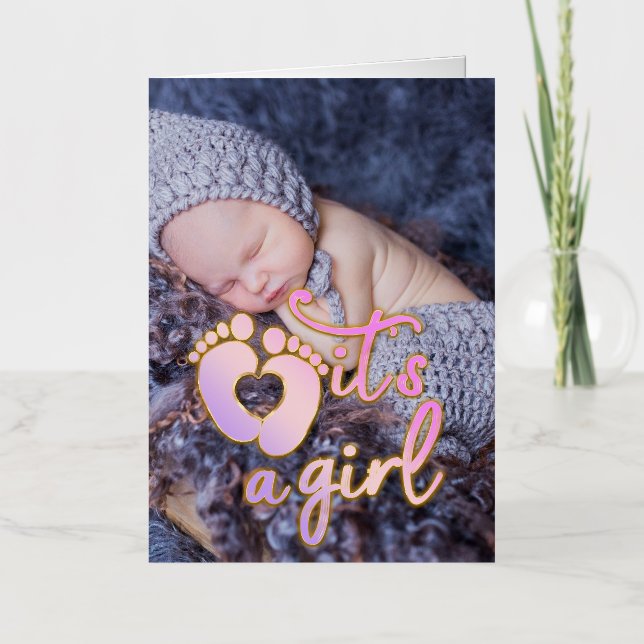 New Baby Girl Custom Photo Feet Gold Pink Foil Greeting Card (Front)