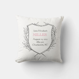 New Baby Girl Family Crest Birth Announcement Pink Throw Pillow