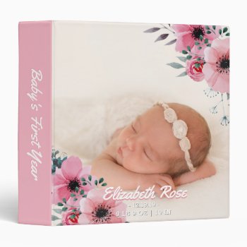 New Baby Girl First Year Photo Elegant Pink Floral 3 Ring Binder by angela65 at Zazzle