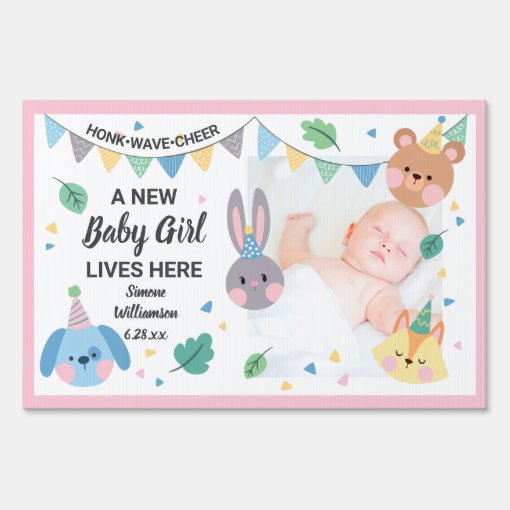 New Baby Girl Lives Here Baby Photo, Cute Animals Sign | Zazzle