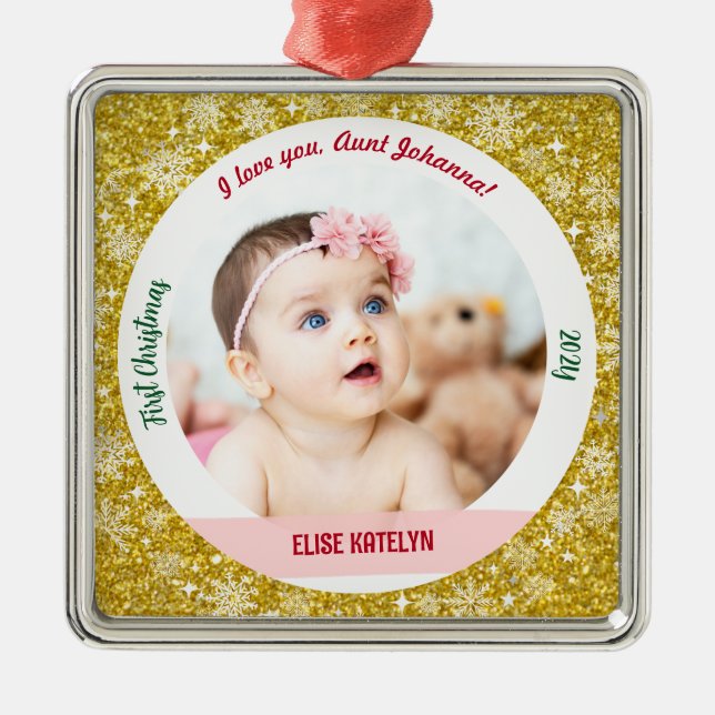 New Baby Girl Photo 1st Christmas As Aunt Golden Metal Ornament (Front)