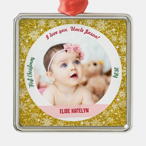 New Baby Girl Photo 1st Christmas As Uncle Golden Metal Ornament