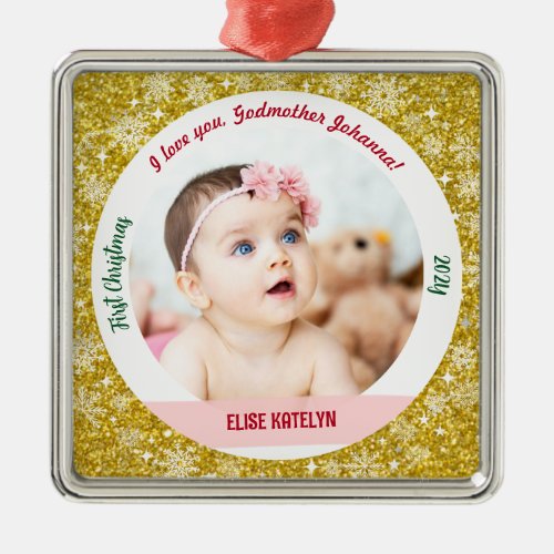 New Baby Girl Photo 1st Christmas Godmother Golden Metal Ornament
