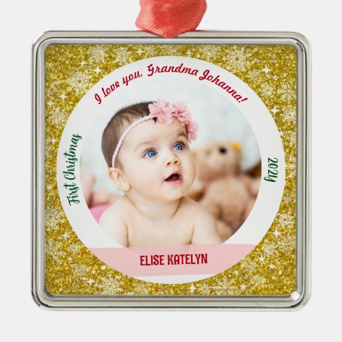 New Baby Girl Photo 1st Christmas Grandma Golden Metal Ornament