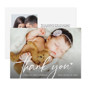 New Baby Girl Photo Thank you Heart Modern Birth Card