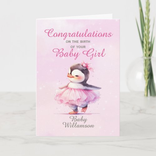 New Baby Girl Pink Penguin Ballerina Card