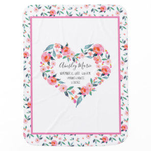 New Baby Girl Pink Rose Floral Heart Birth Stats Blanket