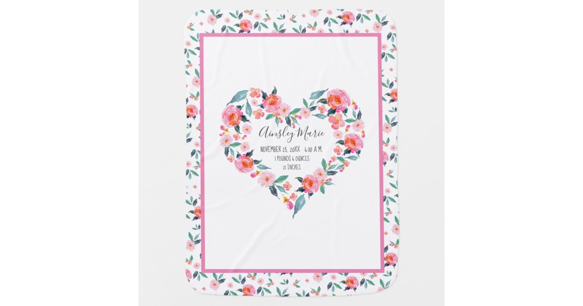 New Baby Girl Pink Rose Floral Heart Birth Stats Blanket | Zazzle
