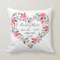 New Baby Girl Pink Rose Floral Heart Birth Stats Throw Pillow