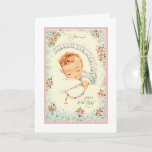 New Baby Girl  Pink Roses Rosary Catholic Card