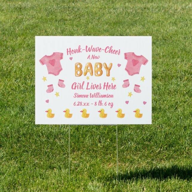 New Baby Girl Rubber Duck Honk Wave Welcome Yard Sign (Insitu)