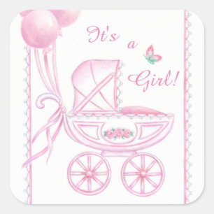 New Baby Girl  Stickers Pink Buggy & Balloons