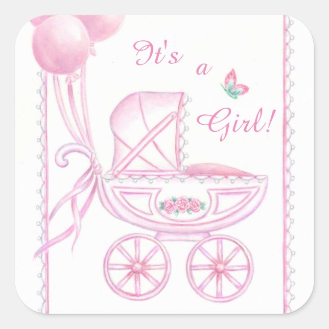New Baby Girl  Stickers Pink Buggy & Balloons (Front)