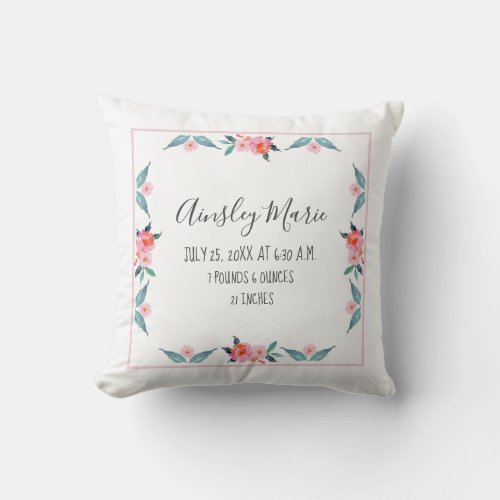 New Baby Girl Watercolor Pink Floral Birth Stats Throw Pillow