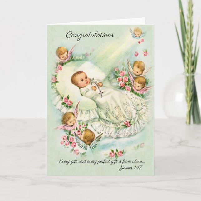 New Baby Girl with Angels, Cross, Pink Roses Card (Front)