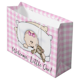 New Baby Girl With Teddy Bear On Gingham Large Gift Bag