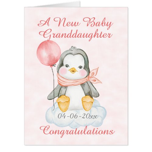 New Baby Granddaughter Penguin Pink Jumbo Card