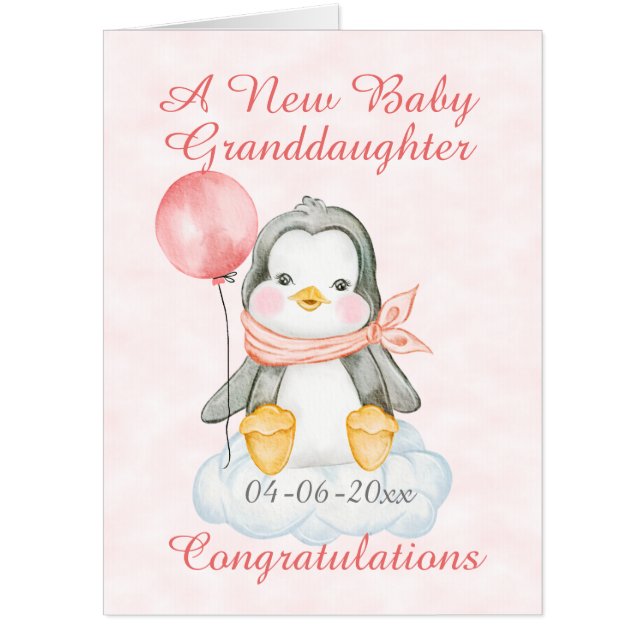 New Baby Granddaughter Penguin Pink Jumbo Card (Front)