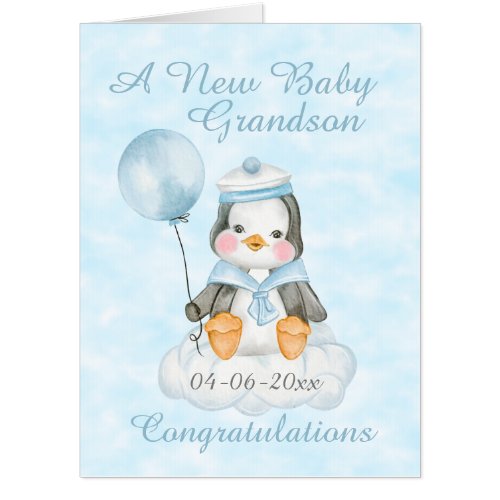 New Baby Grandson Penguin Blue Jumbo Card