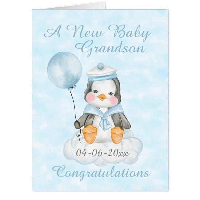 New Baby Grandson Penguin Blue Jumbo Card (Front)