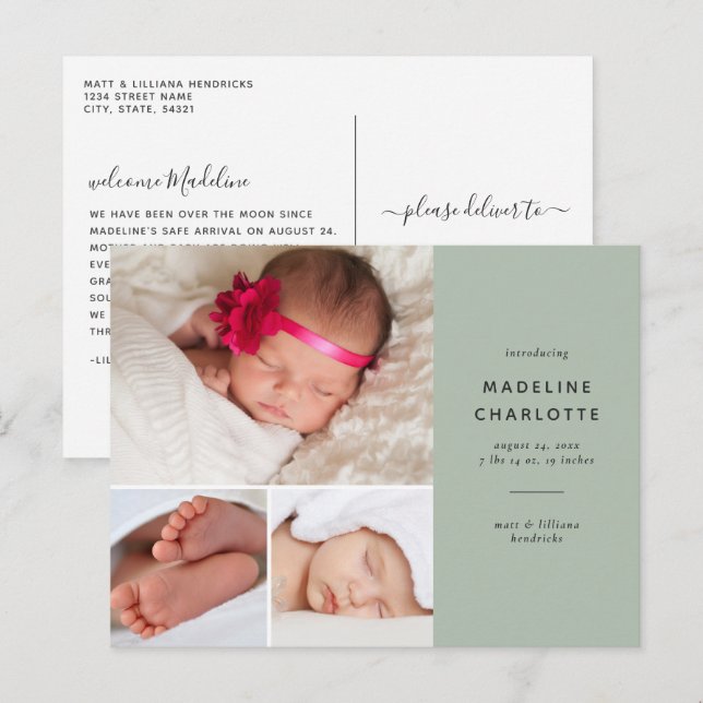 New Baby Green Photo Collage Birth Announcement Postcard (Front/Back)