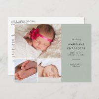 New Baby Green Photo Collage Birth Announcement Postcard