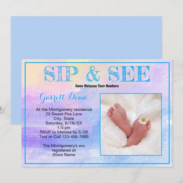 New Baby In Blue "Sip and See" Custom Photo Party Invitation (Front/Back)