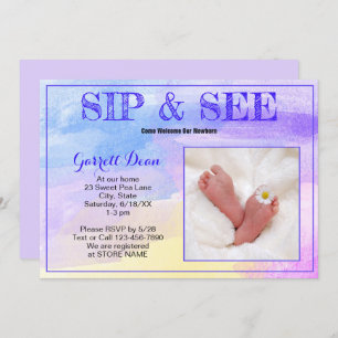 New Baby In Purple "Sip and See" Photo Party Invitation