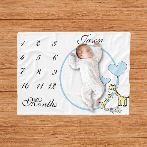 New Baby Infant Milestone Blue Giraffe  Photo Fleece Blanket