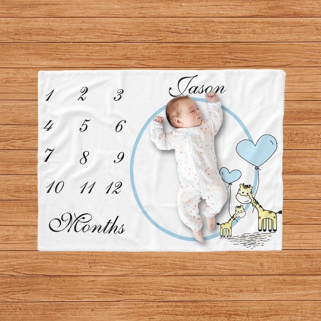 New Baby Infant Milestone Blue Giraffe  Photo Fleece Blanket (Creator Uploaded)