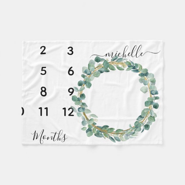 New Baby Infant Milestone Eucalyptus Wreath Leaves Fleece Blanket (Front (Horizontal))
