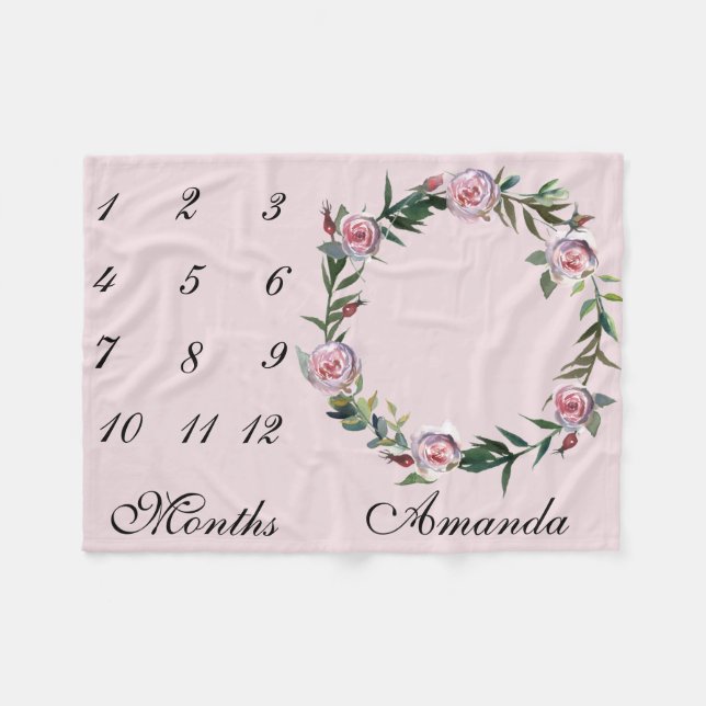 New Baby Infant Milestone Rose Wreath Pink Photo Fleece Blanket (Front (Horizontal))