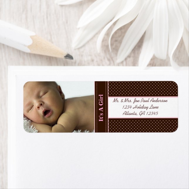 New Baby It's A  Girl Brown & Pink Dots Label (Insitu)