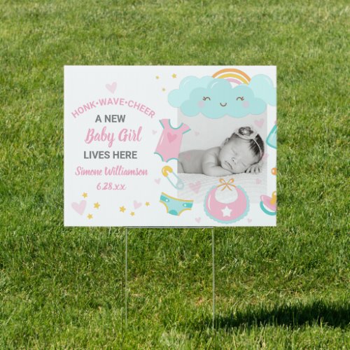New Baby Its a Girl Photo Cute Hearts Stars Yard Sign