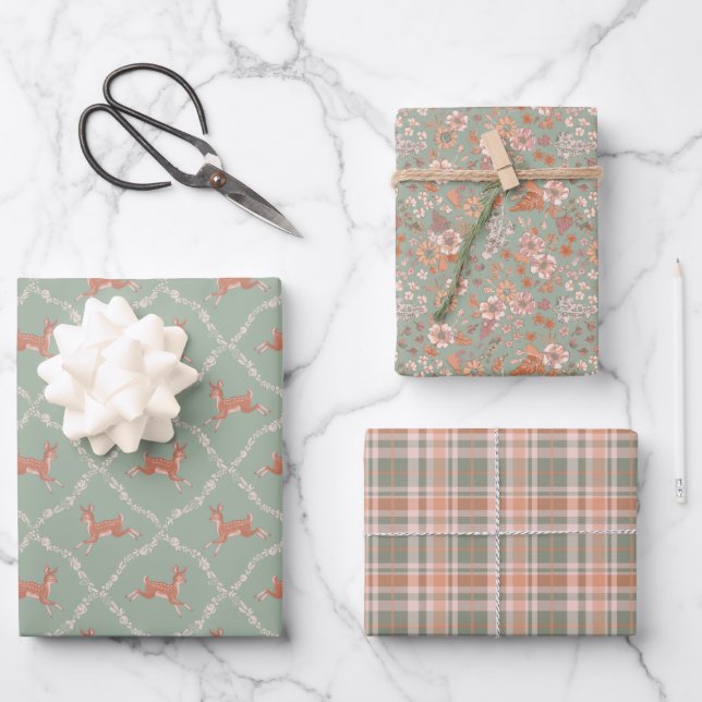 New Baby - Leaping Fawn in Mint and Peach Wrapping Paper Sheets (Front)
