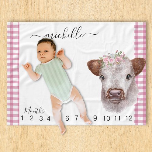 New Baby  Milestone Highland Cow Pink   Fleece Blanket