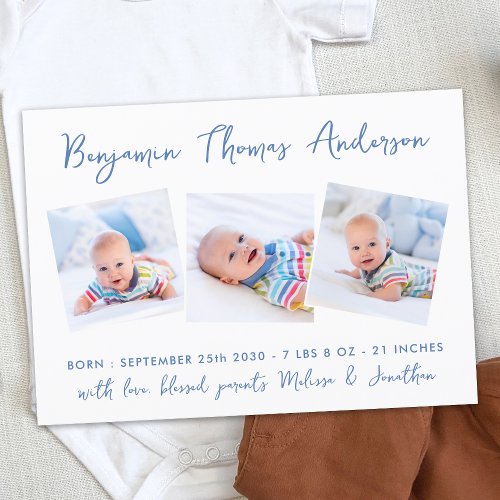 New Baby Modern 3 Photo Collage Blue Birth Announcement