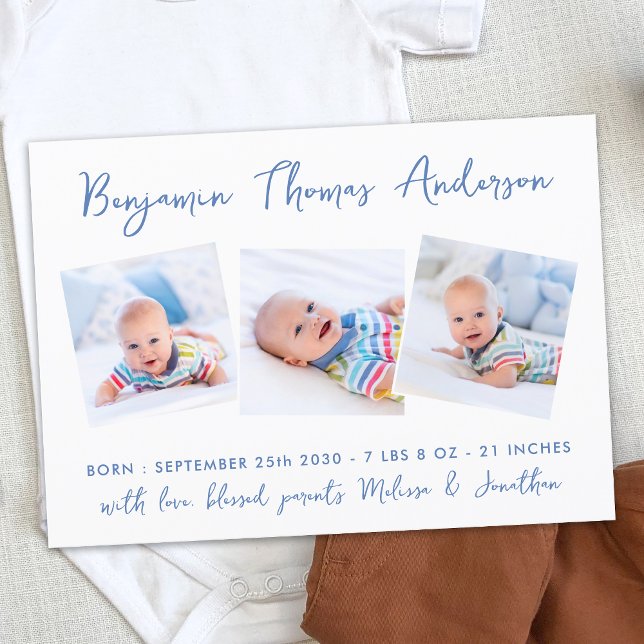 New Baby Modern 3 Photo Collage Blue Birth Announcement (Creator Uploaded)